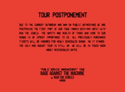 Rage Against The Machine with Run The Jewels Tour Postponed